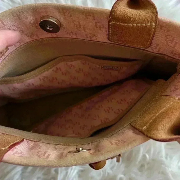 Vintage Dooney & Bourke Signature Monogram Tote Bag Pink Canvas Leather Handles - Picture 13 of 16